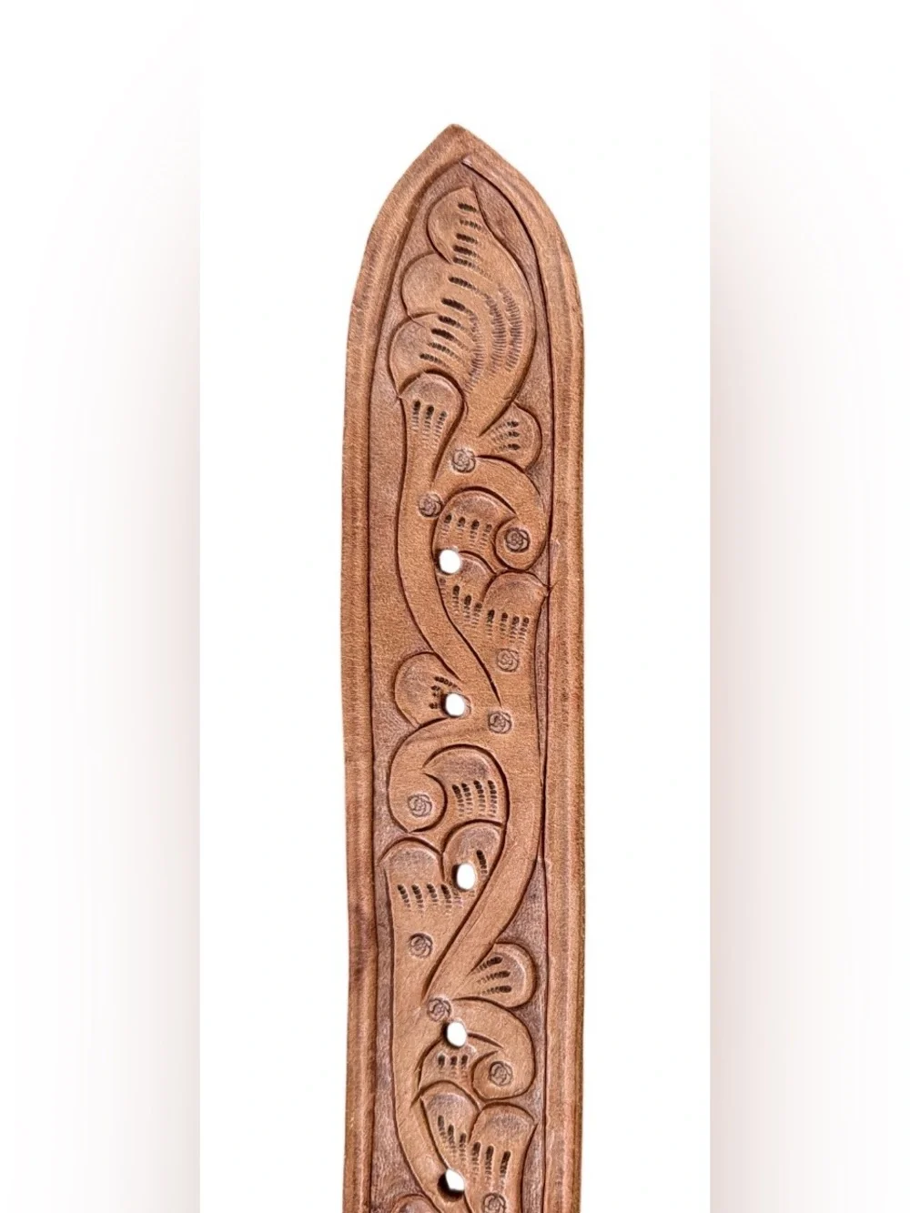 Hand-Tooled Leather Belt in Light Brown with Floral Motif